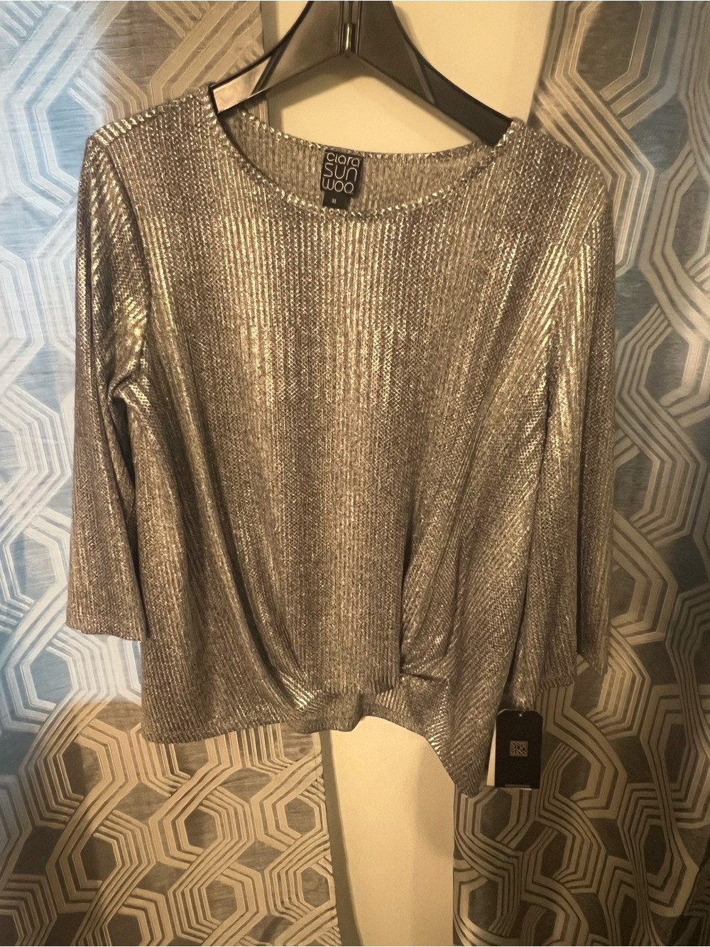 Clara Sun Woo Metallic Silver Ribbed Long Sleeve Top